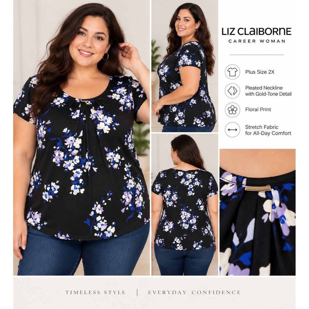 Liz Claiborne Career Woman Blouse Top Womens 2X Black Blue Floral Metal Keyhole